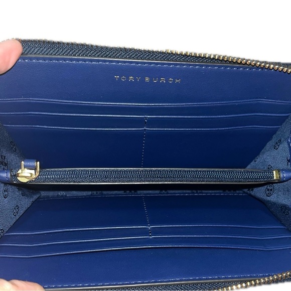 Tory Burch Peace Zip Continental Leather Wallet Navy Sea Retro Love Design - Picture 7 of 12